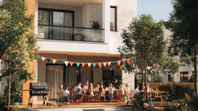 A diverse group of adults and children enjoy a lively outdoor barbecue and gathering on a sunny patio decorated with festive banners