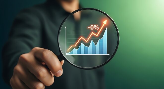 Magnifying glass over a rising bar graph showing a negative percentage increase business finance