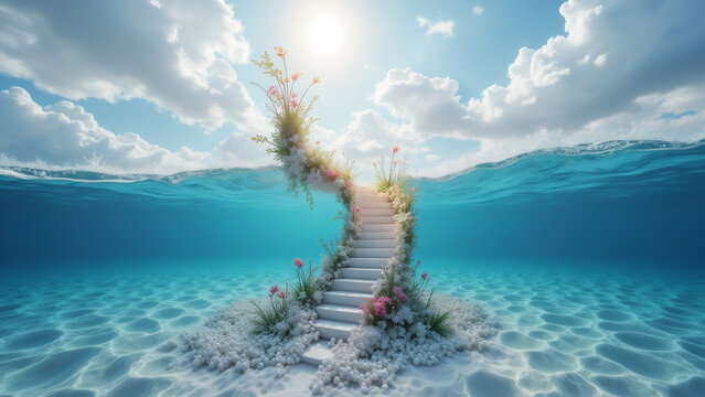 Underwater Stairway to Heaven, Ascending Through Clear Blue Ocean Waters