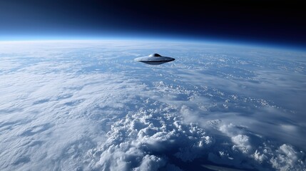 Flying saucer hovers above earth's clouds in dramatic outer space scene