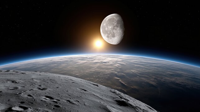 Stunning lunar surface view with earth horizon and moon at sunrise