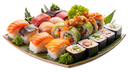 Assorted sushi rolls and nigiri on a plate isolated on transparent background, a delicious and fresh japanese cuisine with various ingredients
