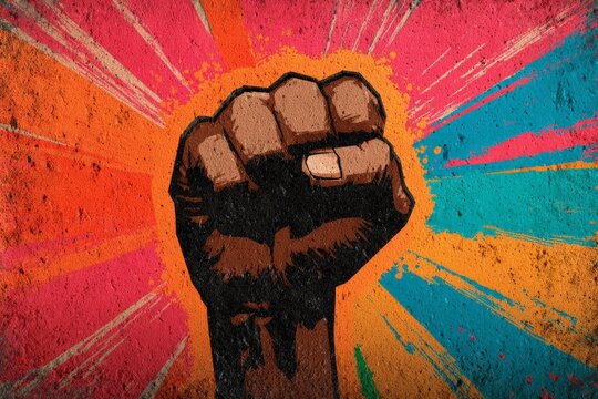 Strong raised fist symbolizing unity and strength against injustice in a vibrant, colorful backdrop