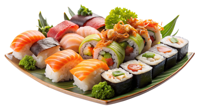 Assorted sushi rolls and nigiri on a plate isolated on transparent background, a delicious and fresh japanese cuisine with various ingredients