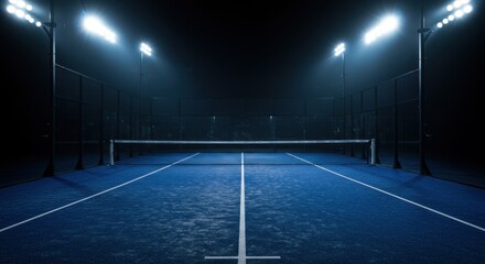 Empty blue padel tennis court illuminated by bright spotlights at night, focusing on the net and court lines.
