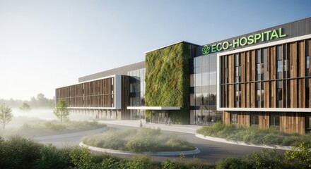 Fototapeta premium A modern, eco-friendly hospital building with sustainable design and greenery elements, representing a commitment to environmental responsibility and healthcare innovation.