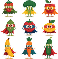 Fruit and vegetable superheroes, cartoon characters, healthy food mascots, kids illustration, caped produce heroes, fun nutrition concept, colorful vector set