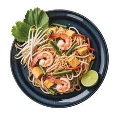 Pad Thai Noodles with Shrimp, Tofu, and Vegetables – Top View