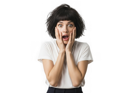 Surprised woman with hands on face portrait isolated on transparent background