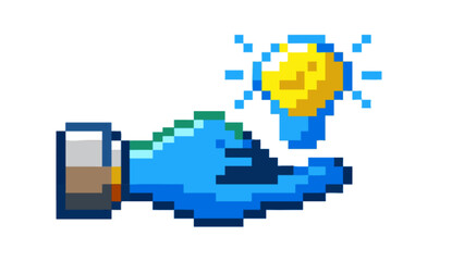 Obraz premium Pixelated hand holding a bright yellow light bulb with blue rays on a white background art