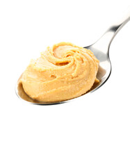 Creamy peanut butter swirl on a silver spoon, delicious and smooth on transparent background