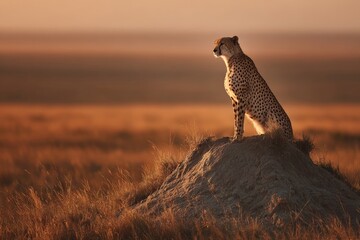 Cheetah perched on a rocky mound at sunset in the African savanna watching its surroundings