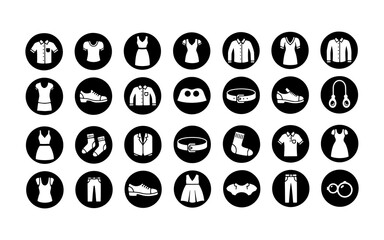 Collection of white clothing and accessory icons on black circular backgrounds organized in rows