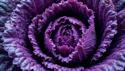 Close-up of a purple kale leaf, textured ruffled edges and veins, vivid colors, sharp macro image with full frame composition.