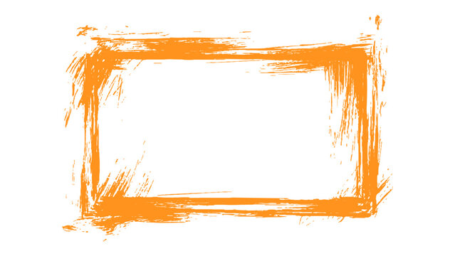 Orange square frame made with brush strokes. Orange square frame isolated on white background. Empty orange vintage frame isolated on white background. 