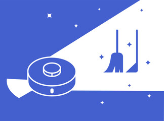 Smart Robot Vacuum Cleaner Icon &ndash; Automated Cleaning Concept. Minimalistic vector illustration of a smart robot vacuum cleaner highlighting traditional cleaning tools like a broom and dustpan.