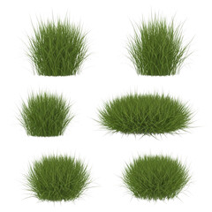 Collection of five realistic green grass tuft clumps isolated on transparent background