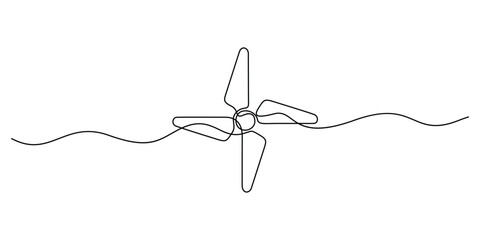 Continuous one line drawing of air fan. Single line drawing of turbine fan. Isolated on white background vector illustration