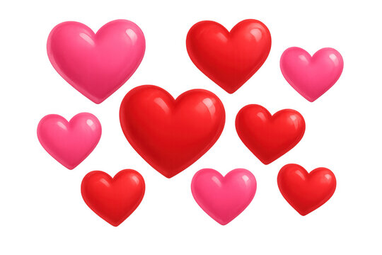 Glossy red and pink hearts floating on a transparent background, perfect for valentine's day or romantic projects