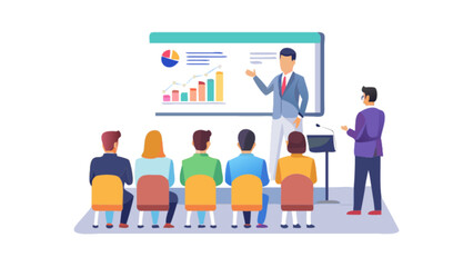 Obraz premium Man presenting chart to audience in a meeting with graphs and data displayed on the screen in the room