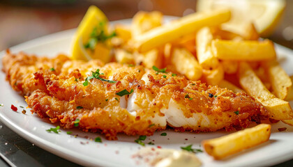 Tasty flaky fish with crispy fries. Delicious food. Appetizing snack. Cooking and culinary concept.