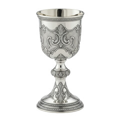 A meticulously crafted, highly polished silver chalice with intricate baroque engravings, presented in a clear 3/4 view on a transparent studio background with even, shadowless lighting. Concept