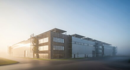 Fototapeta premium Modern industrial building architecture in the fog at sunrise