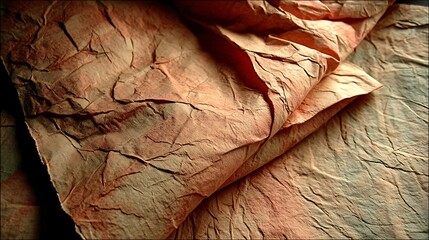 the image focuses closely on a textured surface, revealing an arrangement of crumpled material. the primary colors are subdued, with a blend of earthy tones and hints of salmon
