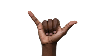 Stock photo of shaka sign hand gesture african american dark skin tone isolated on black background studio shot