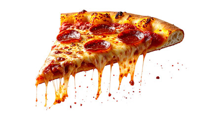 Delicious pepperoni pizza slice with melting cheese, food photography on transparent background
