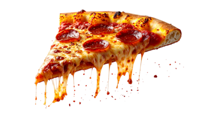 Delicious pepperoni pizza slice with melting cheese, food photography on transparent background