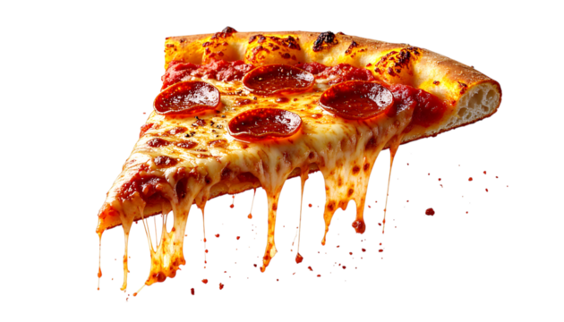 Delicious pepperoni pizza slice with melting cheese, food photography on transparent background