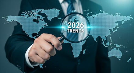 Magnifying glass over world map showing 2026 trends and global business globe earth