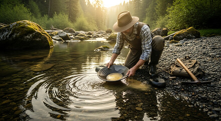 Person panning for gold manually in a river