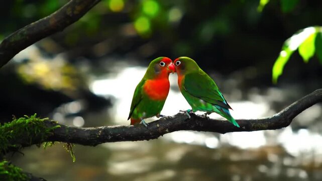 Adorable Pair of Lovebirds Sitting Together on a Mossy Branch in a Lush Green Forest, Symbolizing Love, Harmony, and Natural Serenity.
