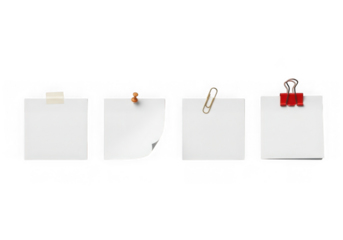 Four white sticky notes with different fasteners isolated on transparent background