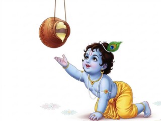 Illustration of Krishna Trying to Access Butter or Makhan from the Handing Clay Pot
