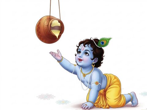 Illustration of Krishna Trying to Access Butter or Makhan from the Handing Clay Pot 