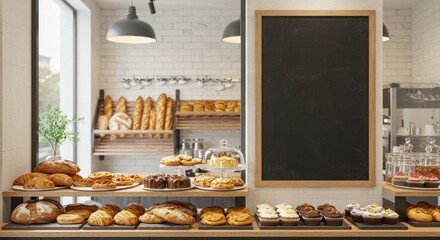 A modern bakery showcases freshly baked bread, pastries, and cakes, displayed invitingly on shelves and under glass.