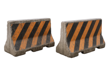 Two Concrete Jersey Barriers with Orange and Black Diagonal Warning Stripes for Traffic Control and Safety