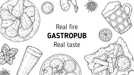 Gastropub menu. Pub food and beer. Hand drawn vector illustration. Food and drink sketch. Top view. Hand drawn food collection for gastropub or pub menu design. Beer, fried chicken, croutons, shrimps