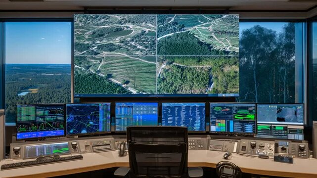 Experience cutting-edge precision agriculture with a control room featuring live drone footage, sensor data, and AI-driven farming insights on large digital screens.