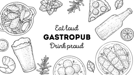 Gastropub menu. Pub food and beer. Hand drawn vector illustration. Food and drink sketch. Top view. Hand drawn food collection for gastropub or pub menu design. Beer,