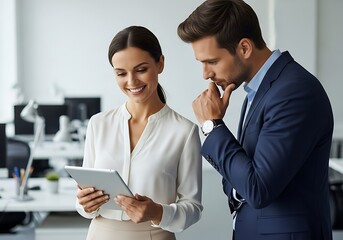 Professional Business Colleagues Analyzing Data on a Tablet in a Modern Office Setting Collaboration and Technology in the Workplace