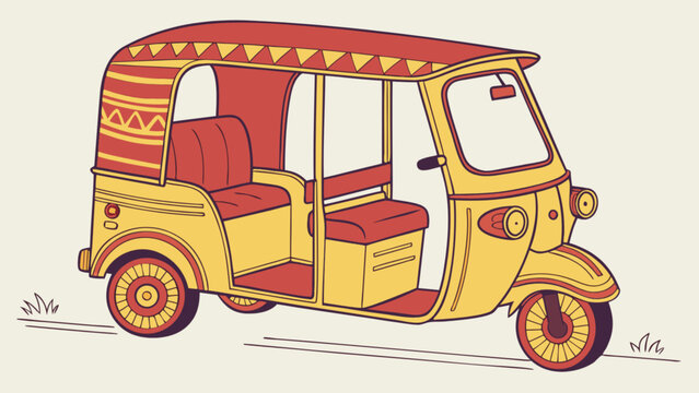 Illustration of a yellow and red auto rickshaw with patterned roof and seats on a light background color