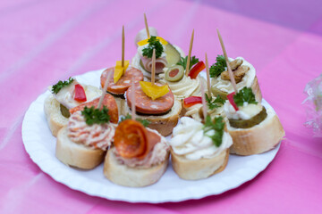 Wedding appetizers decorated with parsley on pink tablecloth