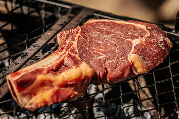 A thick-cut raw tomahawk steak rests on a hot metal grill, showcasing rich marbling and a long bone handle. Ideal for barbecue or steakhouse-style cooking.
