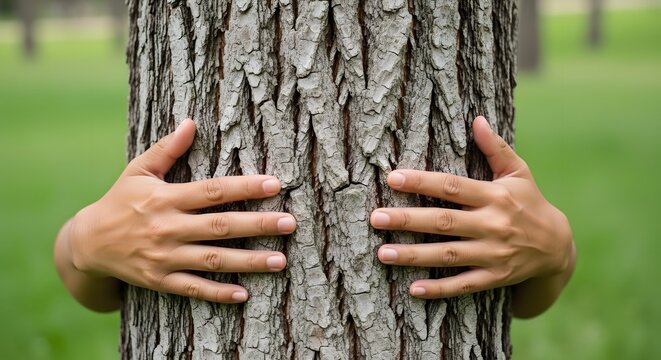 Stock photo of person hugging tree trunk for environmental awareness and nature conservation concept - Powered by Adobe