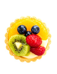 Colorful fruit tart with kiwi, raspberries, blueberries on transparent background