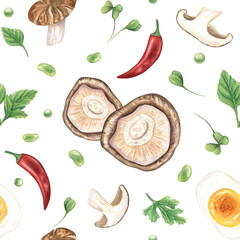 Shiitake mushrooms, red chili pepper, boiled egg half, and Asian spicy herbs watercolor seamless pattern on isolated background. Japanese, Korean, or Chinese cuisine illustration. For textile design.